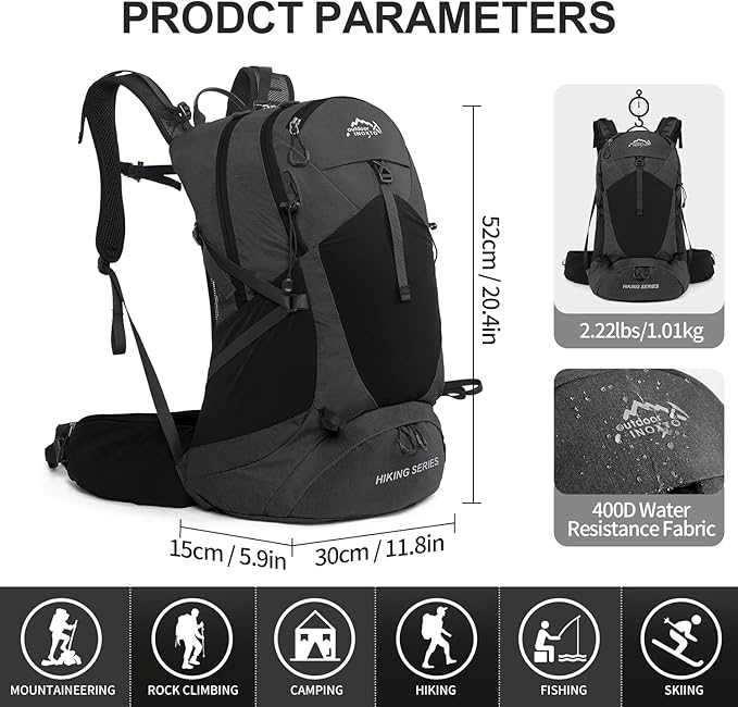 IX INOXTO Hiking Backpack, 26L/40L Waterproof Hiking Daypack with 3L Water Bladder and Rain Cover, Lightweight Travel Camping Backpack for Men Women (Black)