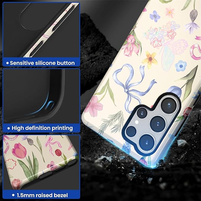for Samsung Galaxy S25 Ultra Case,HL2 Aesthetic Flower Preppy Collage Hybrid 2 Layer Hard Shell Silicone Protective Pattern Design Case
