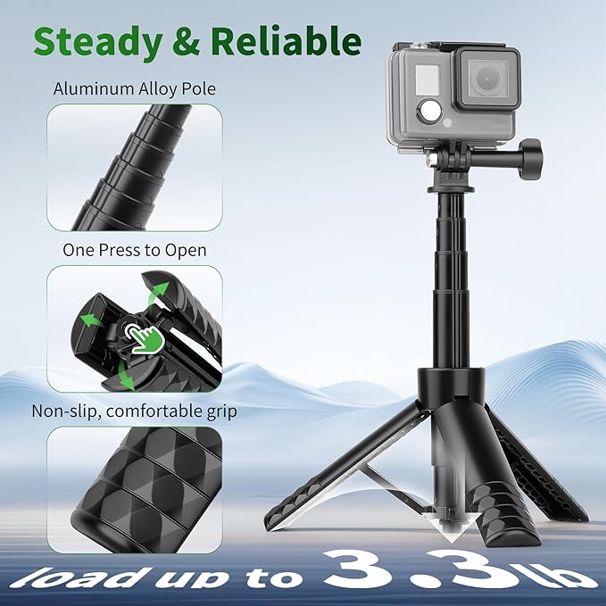 JOILCAN 25.2" Selfie Stick Tripod, Action Camera Vlog Tripod, Portable Handle Grip Stand for GoPro Hero 13/12/11/10, Insta360, DJI Osmo Action 6/5 Pro/4 & Pocket 3