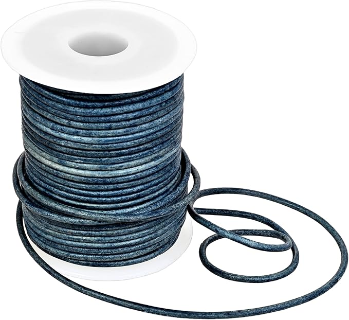GENIQUE Real/Genuine Round Leather String Cord for Necklace, Bracelets, Jewellery, Braiding (2mm, Blue Distressed)