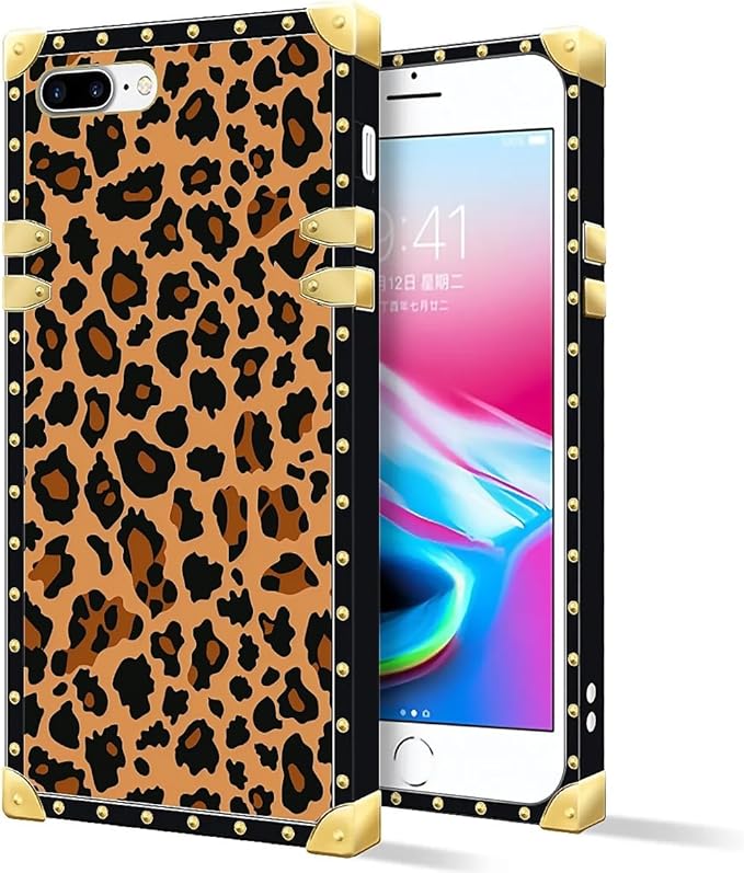 Compatible with iPhone 8 7 SE Case, Brown Leopard Texture Luxury Golden Decoration for Girl Women Soft TPU Shockproof Protective Hard PC Back for iPhone 8 7 SE