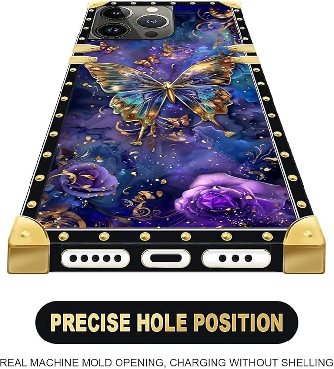 Compatible with iPhone 13 Pro Max Case, Glistening Golden Butterfly Vibrant Purple Blue Luxury Golden Decoration for Girl Women Soft TPU Shockproof Protective Hard PC Back