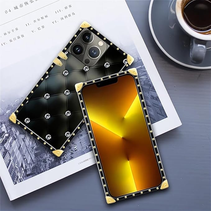 Compatible with iPhone 13 Pro Case, Shiny Black Sofa Crystal Luxury Golden Decoration for Girl Women Soft TPU Shockproof Protective Hard PC Back for iPhone 13 Pro