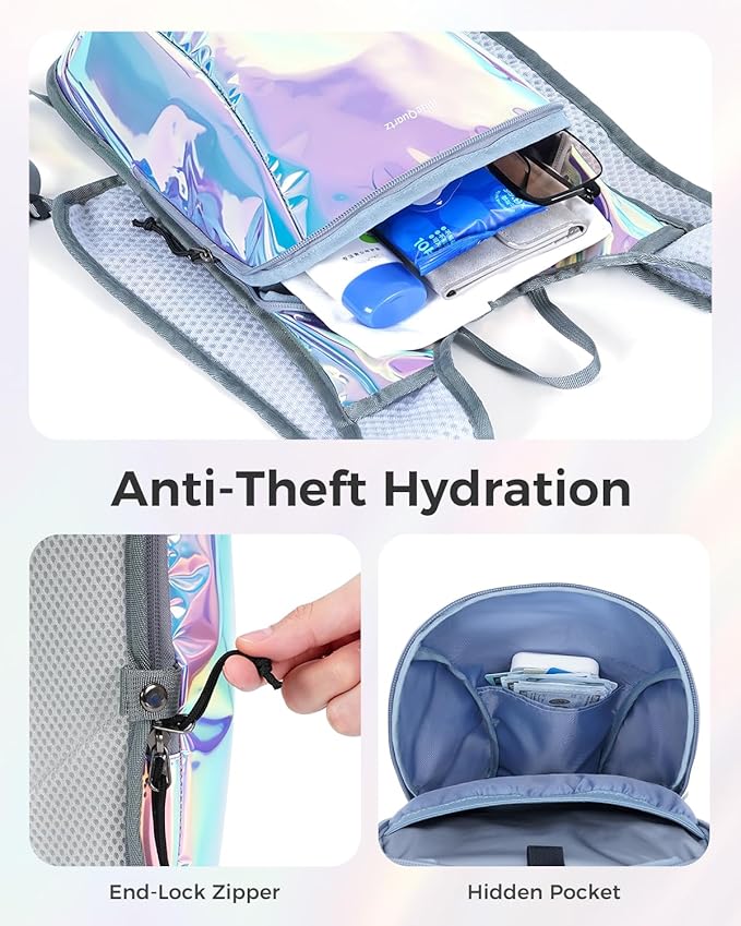 Blue Quartz Rave Hydration Backpack, Reflective Hiking Pack with 2L Water Bladder & Phone Pocket, Hydro Pack with Insulated Compartment for Festival Running Cycling for Men Women