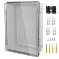 IP67 Waterproof Junction Box, ABS Plastic Electrical Enclosure with Stainless Steel Latch, Hinged Cover Electric Box with Mounting Plate, Wall Brackets & Cable Glands 370x270x150