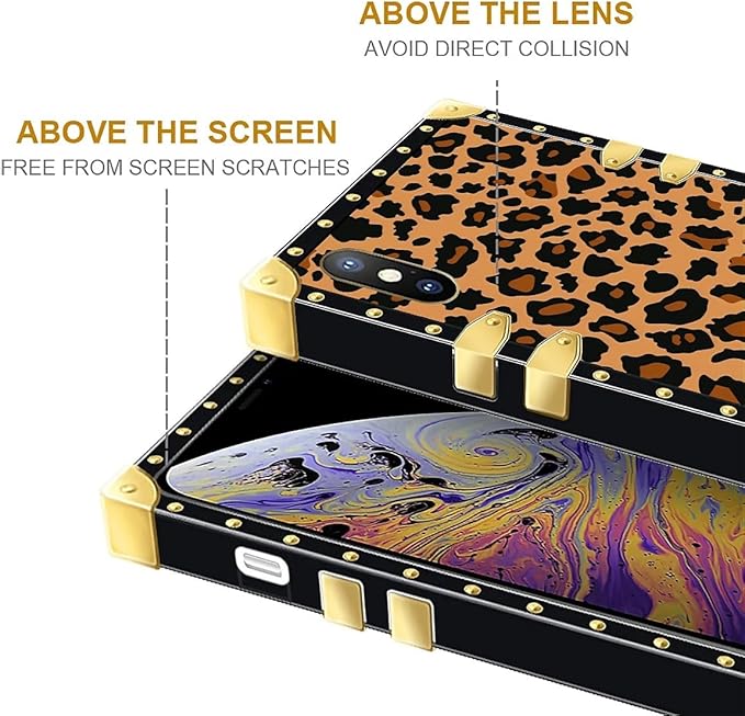 Compatible with iPhone Xs Max Case, Brown Leopard Texture Luxury Golden Decoration for Girl Women Soft TPU Shockproof Protective Hard PC Back for iPhone Xs Max