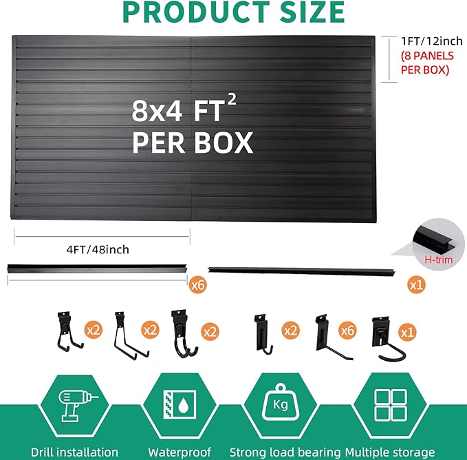 FRAYSCENT Slat Wall Paneling Garage Slat Wall Storage Systems Slatwall Panels Power Tool Organizer Wall Mount, PVC Garage Storage & Organization Products Slate Board (Black, 4ft x 8ft with 15 Hooks)