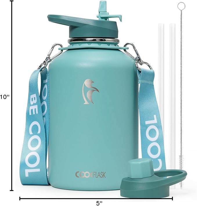 Coolflask Insulated Water Bottle 64 oz with Straw, Half Gallon Large Water Jug with Straw & Spout Lids, Vacuum Stainless Steel Metal Flask, Keep Cold 48h Hot 24h, Leak Proof & Non-BPA, Agate Green