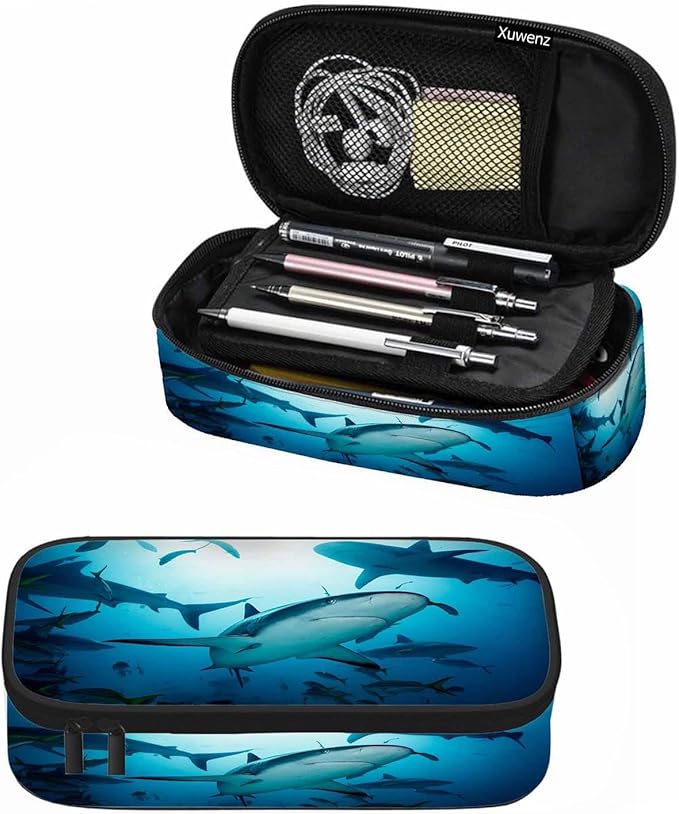 Sharks Pencil Case Organizer Ocean Sea Fish Light Blue Stationery Box Makeup Box School Supply for Boy Girl Men Women