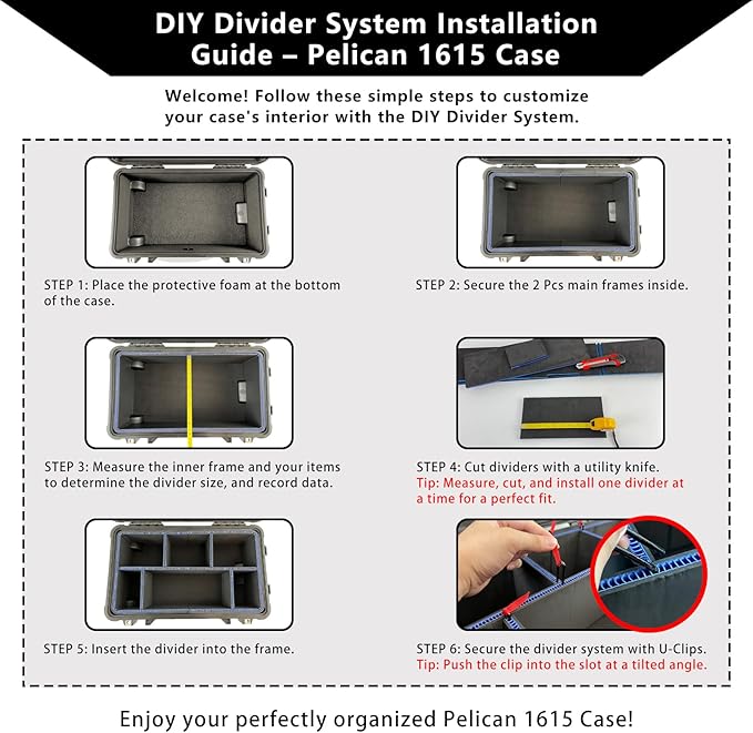 Upgrade LAFENLIN DIY Divider System for Pelican 1615 Case, Customizable Organizer with U-Clips & Red Pull Tabs, Secure Foam Inserts for Tools, Camera, Medical, Tactical Gear (Case NOT Included)