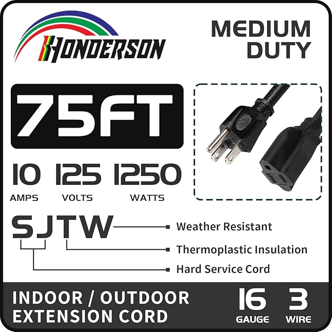75FT Outdoor Extension Cord-16/3 SJTW Durable Black Extension Cable with 3 Prong Grounded Plug for Safety,Great for Outside Christmas Decorations