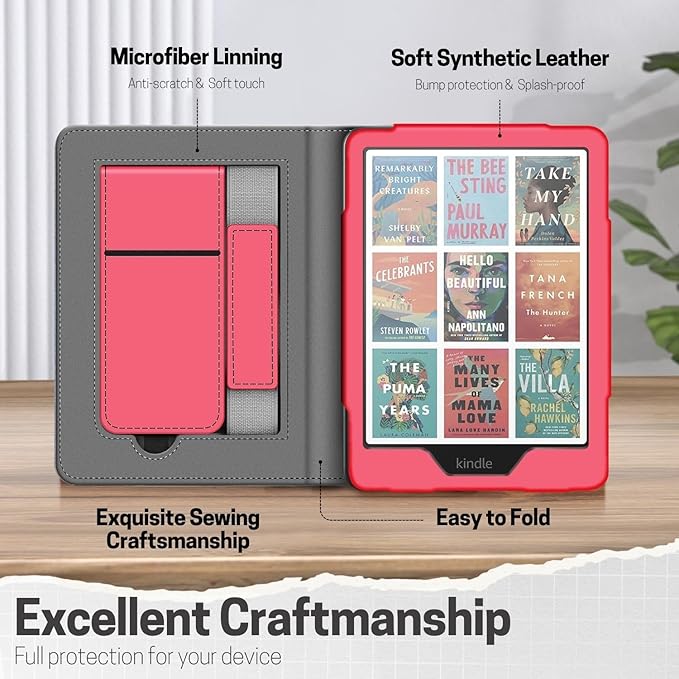 TNP Stand Case for Kindle Paperwhite 12th Generation 2024 / Kindle Colorsoft Signature Edition with Hand Strap & Card Slot - 7" PU Leather Protective Folio Cover with Auto Wake/Sleep, Light Pink