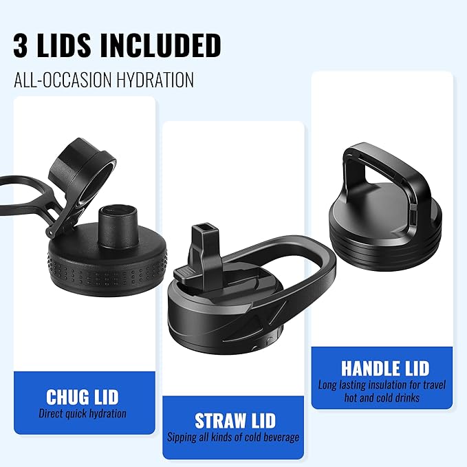 RUBYFLASK 40oz Insulated Water Bottle with Straw, Stainless Steel Metal Vacuum Water Flask, Large Thermal Water bottle with Leakproof 3 Lids for Travel, Camping, Gym Sports Black Gray