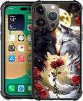 for iPhone 13 Pro Case, Black White Wolf Moon Flower Rose Pattern Graphic Design Girl Boy Soft Silicone Hard Acrylic Shock Protection for iPhone 13 Pro