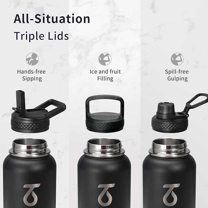 Trebo 40oz Water Bottle with 3 Lid and handle, Vacuum Insulated Stainless Steel Metal Outdoor Leakproof BPA-Free Flask, Keep Cold 48 Hours Water Jug, Best Gift for Men Women Holiday, Dark Gray