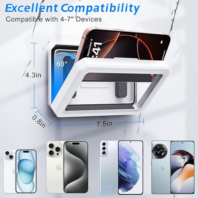 Shower Phone Holder Waterproof,480° Rotatable, Multi-Angle Adjustable Wall Mounted Phone Holder for Bathroom Bathtub Kitchen Mirror, Compatible with All 4-7" Smartphones