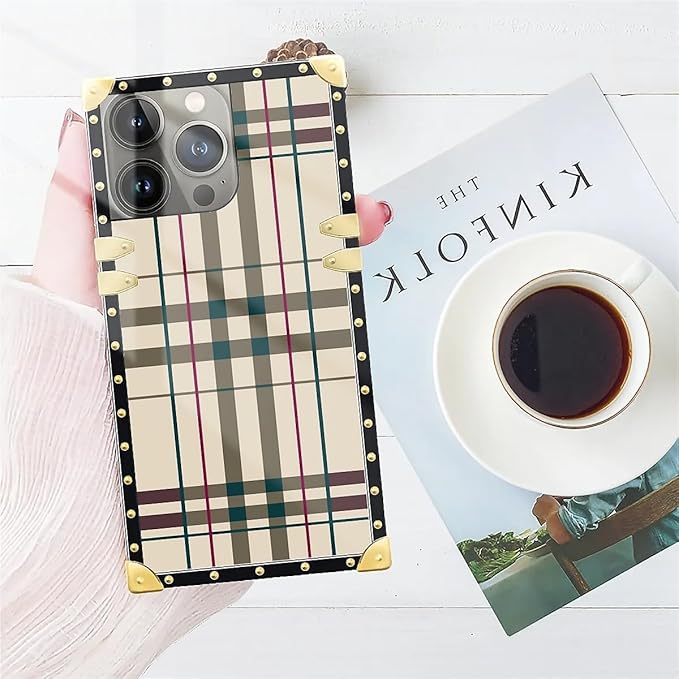Compatible with iPhone 15 Pro Max Case, Black Red Beige Stripes Luxury Golden Decoration for Girl Women Soft TPU Shockproof Protective Hard PC Back for iPhone 15 Pro Max