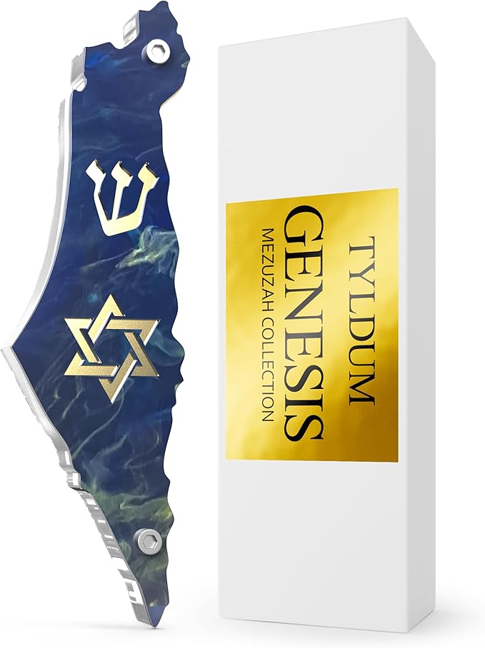 Genesis Mezuzah for Door – Modern Acrylic Mezuzah Case Without Kosher Scroll – Handmade in Canada Judaica Gift, Weatherproof, Jewish Artisan Design, Clear Case (Map with Star, Deep Sea)