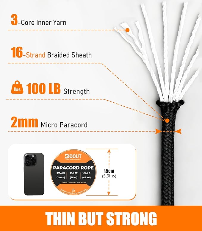 DDOUT 2mm Paracord 100lb, Thin Micro Paracord Rope, Black 250FT Nylon Cord for Crafting, DIY Projects, Fishing, Camping & Outdoor