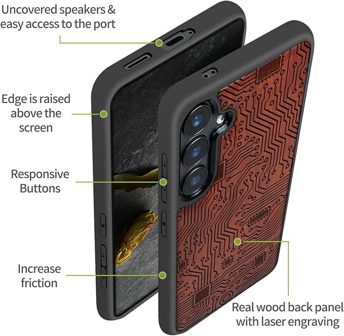 Carveit Wood Case for Galaxy S24 Plus Case [Natural Wood & Black Soft TPU] Shockproof Protective Cover Unique Wooden Design Compatible with S24 Plus (Motherboard-Rosy)