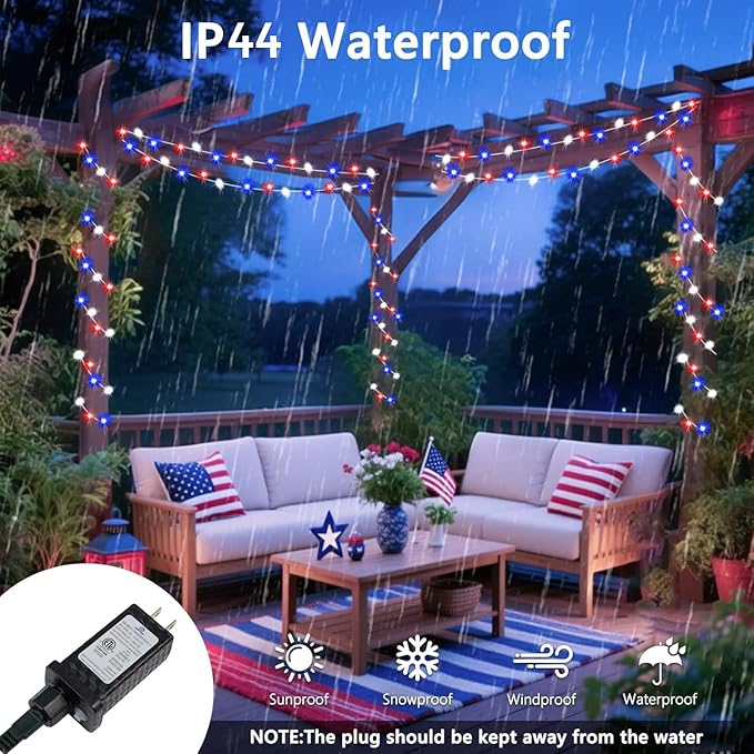 4th of July Red White and Blue Lights, Connectable 200 LED 66FT String Lights Plug in, 13 Modes July 4th Twinkle Lights for Indoor Outdoor Independence Day Memorial Day American Flag Patriotic Decor