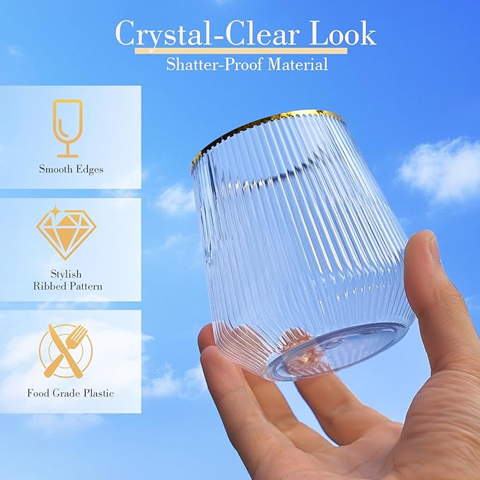 48 Pack Ribbed Plastic Wine Glasses – 24 x 9oz Stemless Champagne Flutes & 24 x 12oz Disposable Wine Glasses – Elegant Disposable Plastic Cups with Gold Rim – BPA-Free Drinkware for Weddings, Parties
