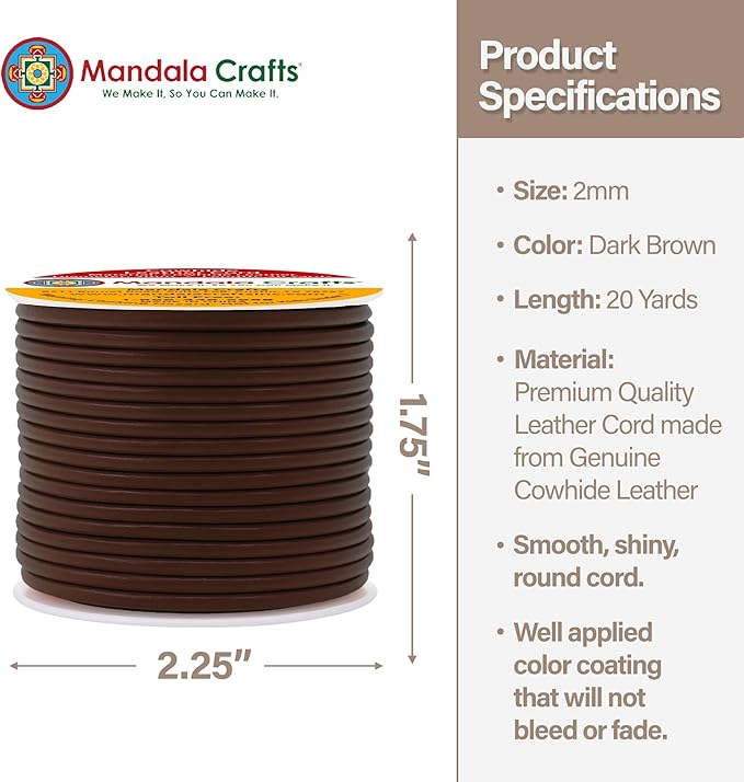 Mandala Crafts Round Genuine Dark Brown Leather Cord for Jewelry Making – 2mm Cowhide Leather Rope String Lace for Kumihimo – 20 Yards Cowhide Craft Cording Spool
