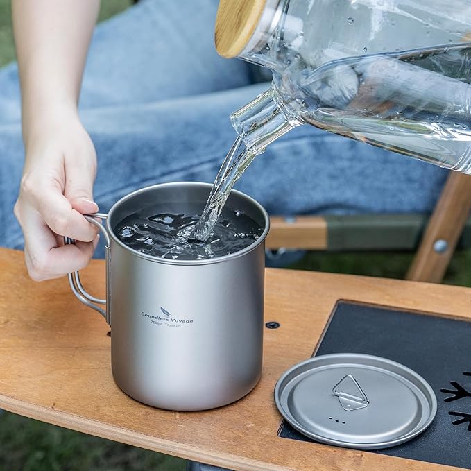 Boundless Voyage Titanium Camping Mug with Lid 300ml 450ml 750ml Lightweight Folding Handle Cup for Outdoor Backpacking Hiking Travel Durable Portable (750ml)