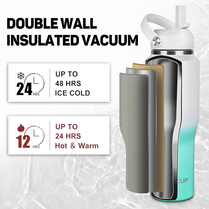 ABOTOCUP 32oz Insulated Water Bottle, Fit in Any Car Cup Holder, Water Bottle with Straw Lids, Stainless Steel Insulated Water Flask Double Wall Leak-proof BPA Free to Keep Cold&Hot