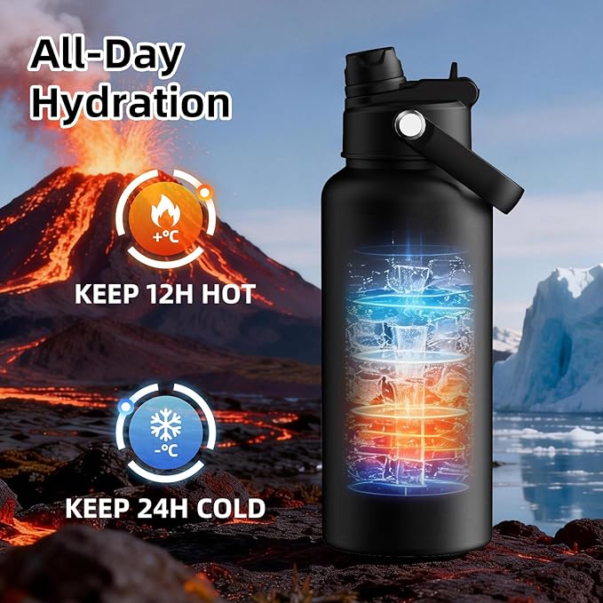 32oz Insulated Water Bottle with 2-in-1 Straw and Spout Lid, 304 Stainless Steel Water Bottle Keep Cold for 24H,Leak-Proof,Sports Water Bottle with Braided Carry Strap for Travel, Sky Blue