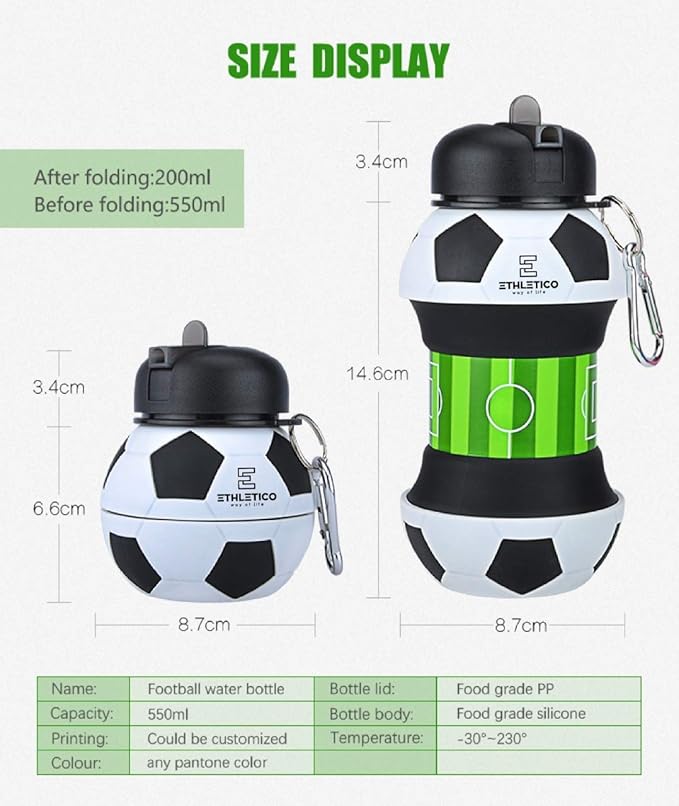 Collapsible Water Bottles with Carabiner Food Grade Sports Water Bottle for Gift Kids Folding Water Bottle for Hiking, GYM, School, Sports and Travelling 19Oz/550ml BPA Free (Soccer)