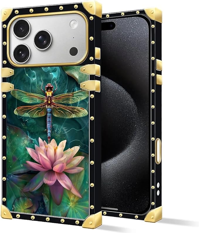 for iPhone 17 Pro Max Case Luxury Golden Decoration for Girl Women Soft TPU Shockproof Protective Hard PC Back for iPhone 17 Pro Max Crazy Pattern Colourful Dragonfly Pink Lily Pads