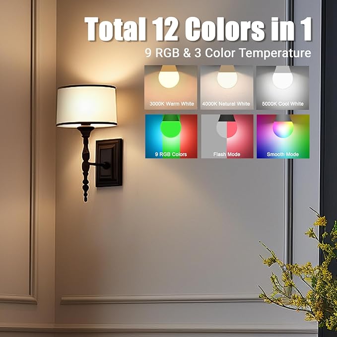 Yochoice 4-Pack Rechargeable Battery Powered Light Bulb, Dimmable A19 Light Bulb with 9 Colors Selectable & 3 Timer, Cordless Bulb for Lamps and Sconce with Remote Control