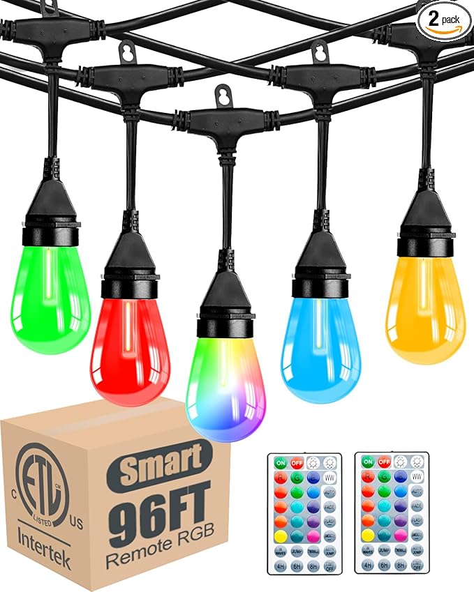 Lightdot 96FT Outdoor RGB String Lights, Dimmable Color Changing Waterproof LED Patio Lights with Remote Control,Commercial Grade Hanging Light for Patio Cafe Bistro Backyard- ETL Listed
