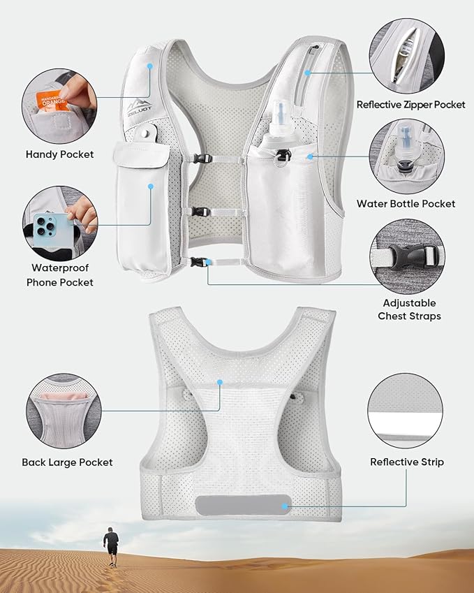 Zelvot Running Vest for Women Men, USA Original Patent, Adjustable Chest Straps Running Hydration Vest with 500ml Soft Flask, Lightweight Reflective Hydration Backpack for Marathon