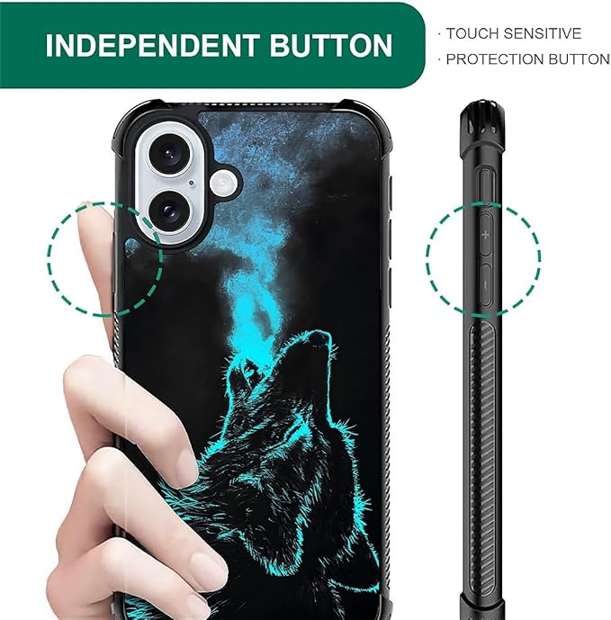 for iPhone 16 Case, Blue Breathing Wolf Pattern Graphic Design Girl Boy Soft Silicone Hard Acrylic Shock Protection for iPhone 16