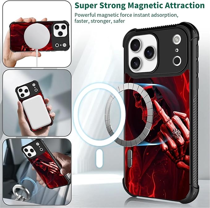 for iPhone 17 Pro Max Case,for MagSafe Graphic Design for Girl Boy Soft Silicone Hard Acrylic Shock Protection Designed for iPhone 17 Pro Max Gestures Funny Skull Pattern