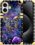 for iPhone 17 Case Luxury Golden Decoration for Girl Women Soft TPU Shockproof Protective Hard PC Back for iPhone 17 Crazy Pattern Glistening Golden Butterfly Vibrant Purple Blue