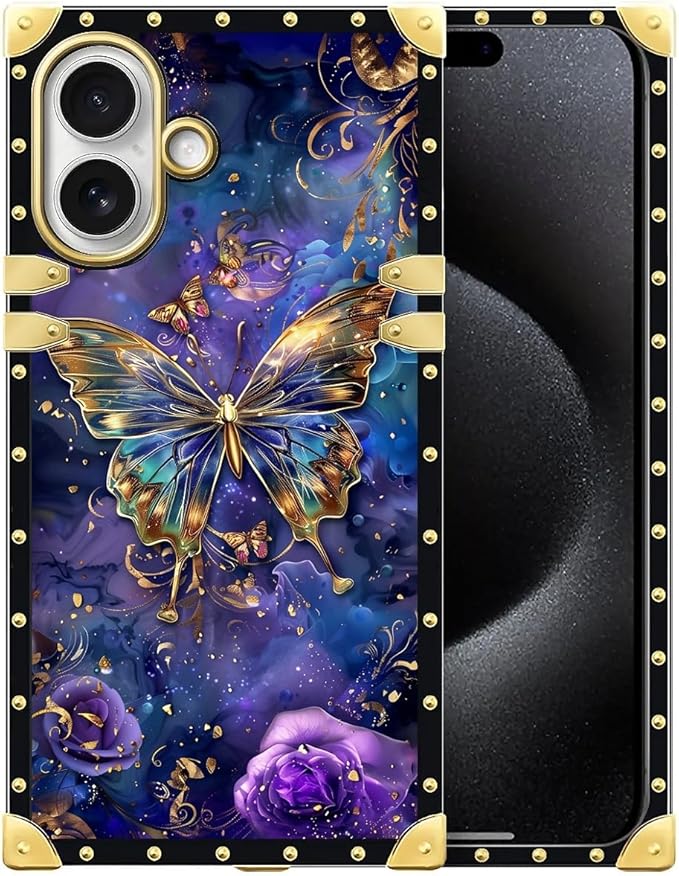 for iPhone 17 Case Luxury Golden Decoration for Girl Women Soft TPU Shockproof Protective Hard PC Back for iPhone 17 Crazy Pattern Glistening Golden Butterfly Vibrant Purple Blue