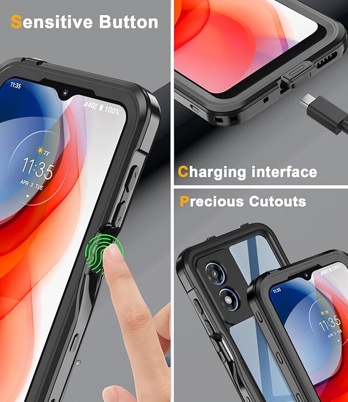 for Motorola Moto G Play 2024 Phone Case Waterproof with Built-in Screen Protector, Full Body Underwater Dustproof Shockproof Rugged Protective Cover for Motorola G Play 2024 Black