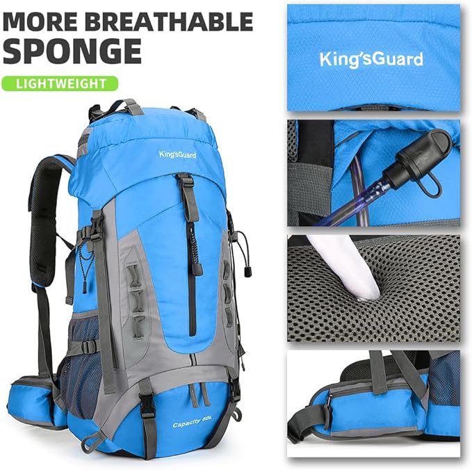 King'sGuard 60L Hiking Backpack for Men and Women Lightweight Camping Hiking Backpack with Rain Cover Large Waterproof Travel Backpack Backpacking Pack (Blue)