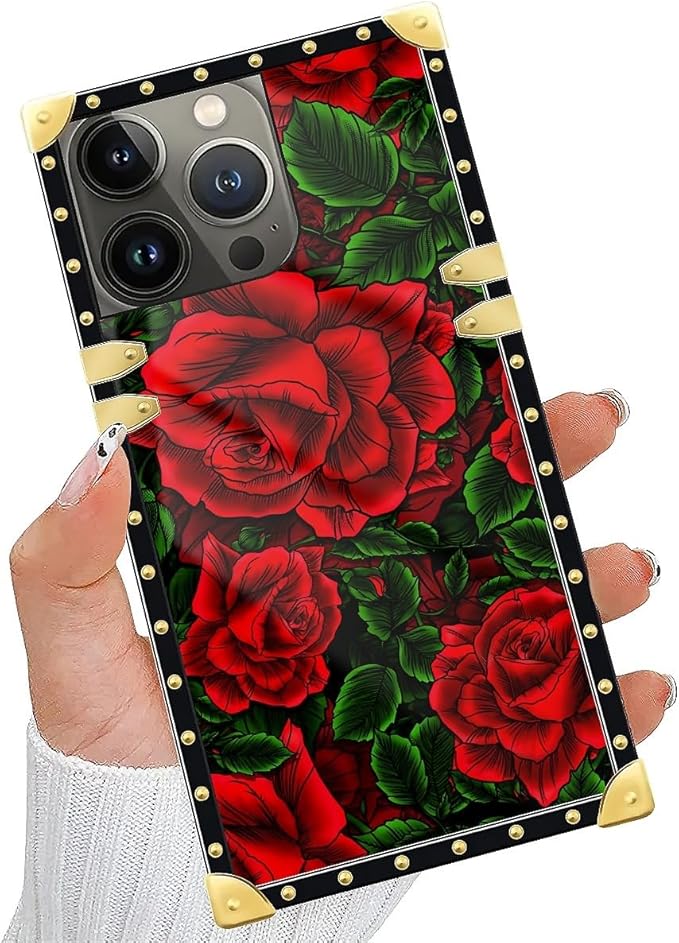 Compatible with iPhone 15 Pro Max Case, Vector Red Rose Green Leaf Luxury Golden Decoration for Girl Women Soft TPU Shockproof Protective Hard PC Back for iPhone 15 Pro Max