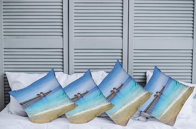 Ambesonne Dock Decorative Throw Pillow Case Pack of 4, Naples Pier Paradise Beach at Ocean in Florida USA Sunny Tropical Destination, Cushion Cover for Couch Living Room Car, 20", Azure Blue