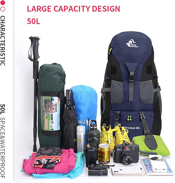 Bseash 50L Hiking Backpack, Water Resistant Lightweight Outdoor Sport Daypack Travel Bag for Camping Climbing Skiing Cycling (Dark Purple - With Shoe Compartment)