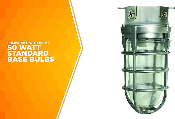 Woods L1706BS Vandal Resistant 150W Incandescent Security Light; Ceiling Mount; Compatible With Up To 50 Watt Standard Base Bulbs; Brushed Steel