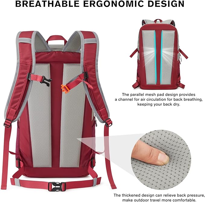 G4Free 30L Lightweight Hiking Backpack for Men Women, Airline Approved Day Pack for Travel, Bussiness Work, Easy Hike(Red)