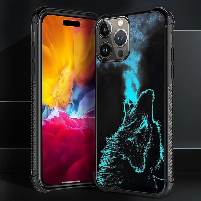 for iPhone 16 Pro Max Case, Blue Breathing Wolf Pattern Graphic Design Girl Boy Soft Silicone Hard Acrylic Shock Protection for iPhone 16 Pro Max