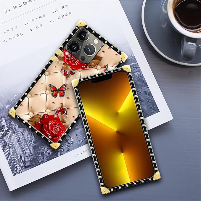 Compatible with iPhone 13 Pro Case, Shining Red Rose Butterfly Leather Background Luxury Golden Decoration for Girl Women Soft TPU Shockproof Protective Hard PC Back for iPhone 13 Pro