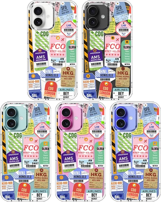 MOSNOVO Case for iPhone 16 Plus, [Buffertech 6.6ft Military-Grade Drop Protection] [Anti Peel Off Tech] Clear TPU Bumper Phone Case Cover Design - Air Ticket Labels
