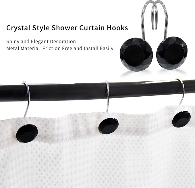MitoVilla Black Shower Curtain Hooks Rings, Metal Shower Hooks for Shower Curtain Liner, Black Rust Proof Shower Rings for Curtain Accessories and Bathroom Shower Rod, 12 Pack Bathroom Set